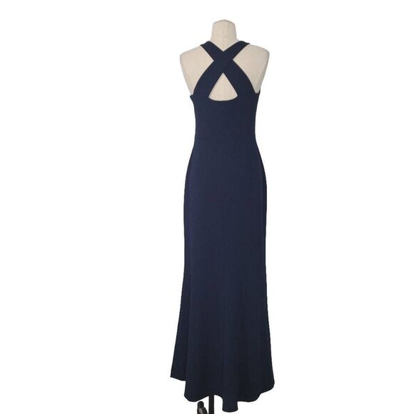 BHLDN Klara Crepe Maxi Dress Gown Sz 6 Navy Blue Halter Crisscross Bridesmaid - Picture 5 of 13